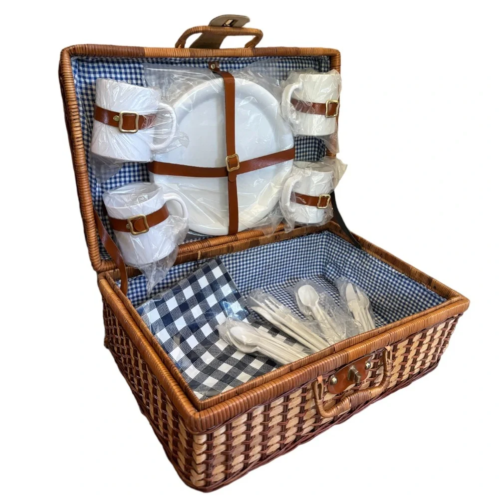 Large Woven Picnic Basket Romantic Vintage Set All Season Use Tan Blue Gingham - Picture 3 of 11
